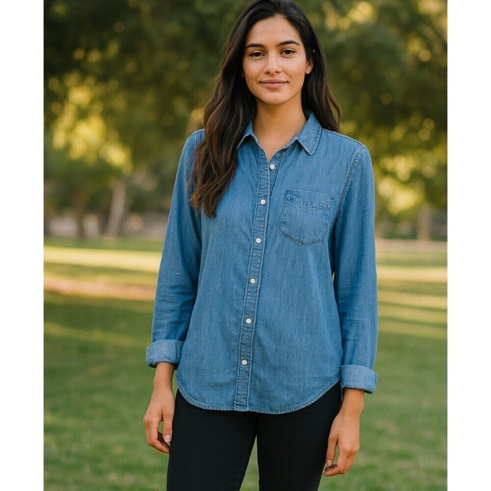 Como Vintage Chambray Button Front Shirt In Medium Blue with front pocket blue